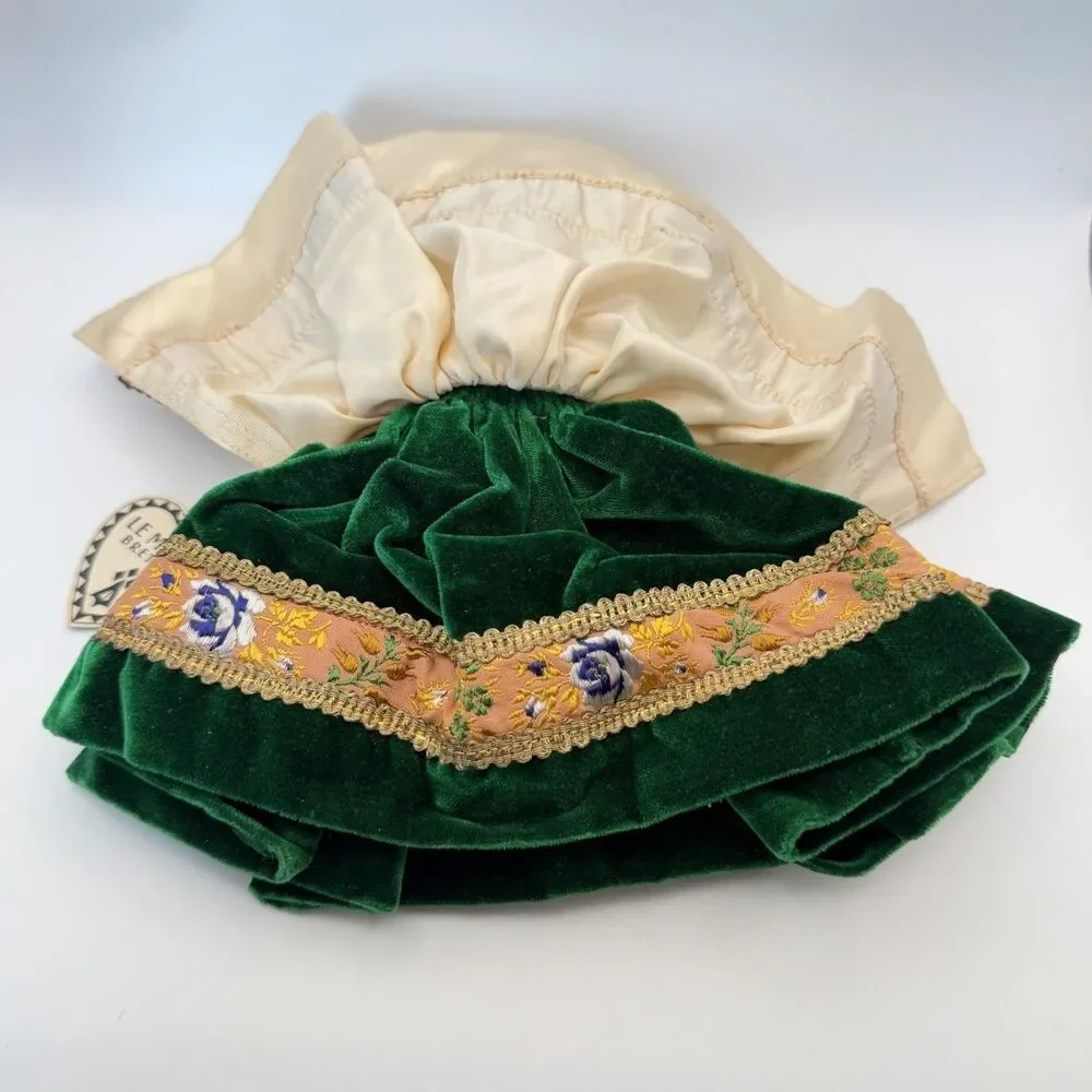 Vintage Bebe Breton French Celluloid Doll Green Velvet Dress Beaded Bonnet Lace